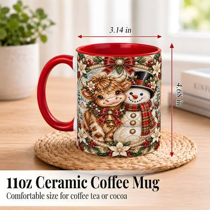 #pl[11oz|Red] Poinsettia Highland Cow Coffee Mug, Snowman Mug, Ceramic Cup