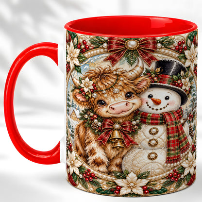Poinsettia Highland Cow Coffee Mug, Snowman Mug, Ceramic Cup