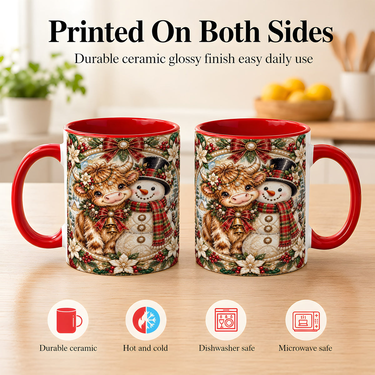 #pl[11oz|Red] Poinsettia Highland Cow Coffee Mug, Snowman Mug, Ceramic Cup