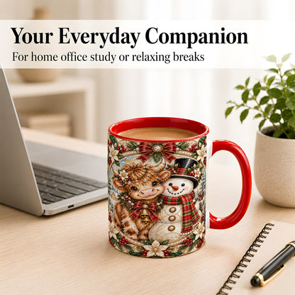 #pl[11oz|Red] Poinsettia Highland Cow Coffee Mug, Snowman Mug, Ceramic Cup