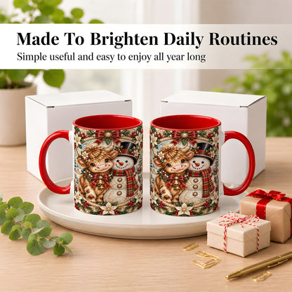 #pl[11oz|Red] Poinsettia Highland Cow Coffee Mug, Snowman Mug, Ceramic Cup