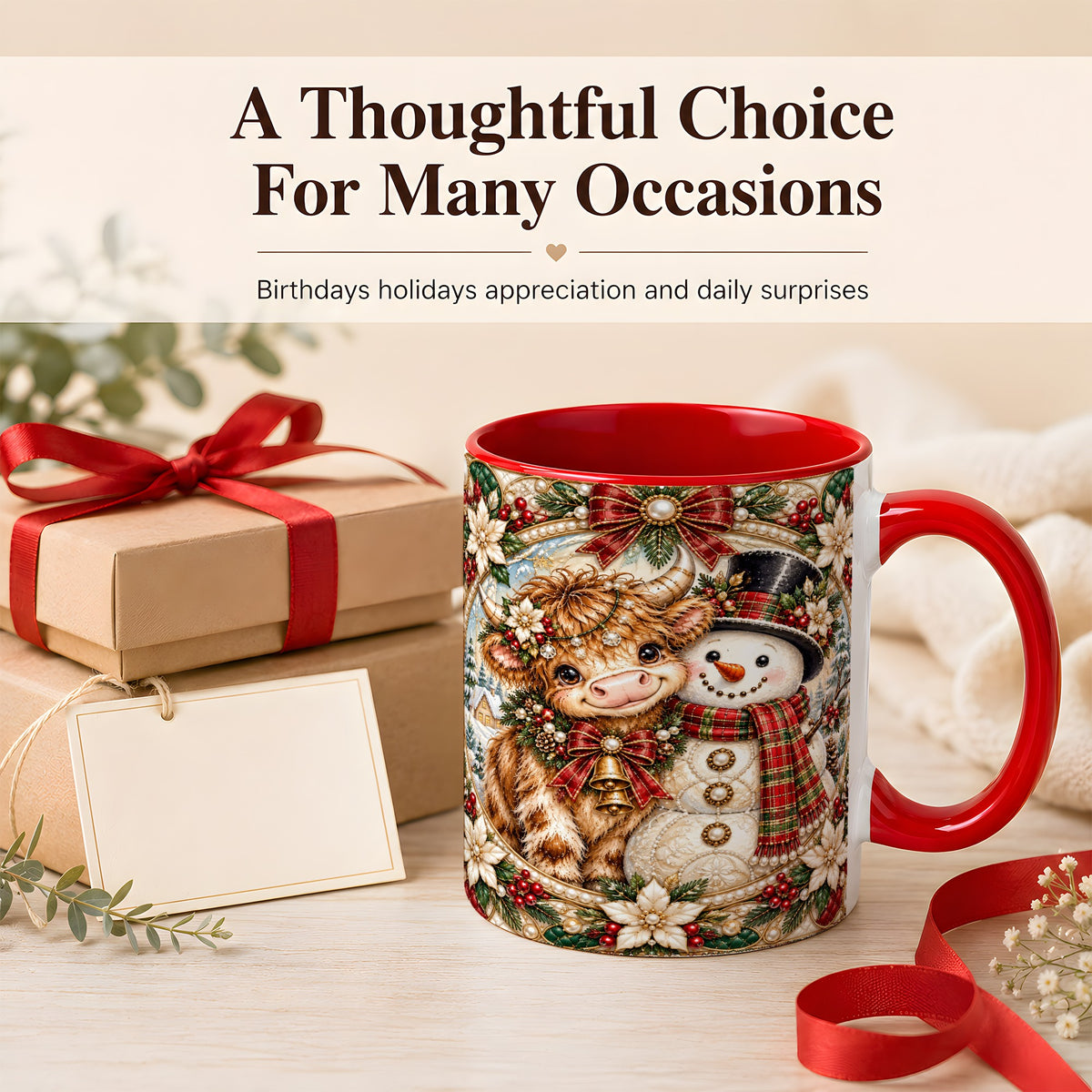 #pl[11oz|Red] Poinsettia Highland Cow Coffee Mug, Snowman Mug, Ceramic Cup
