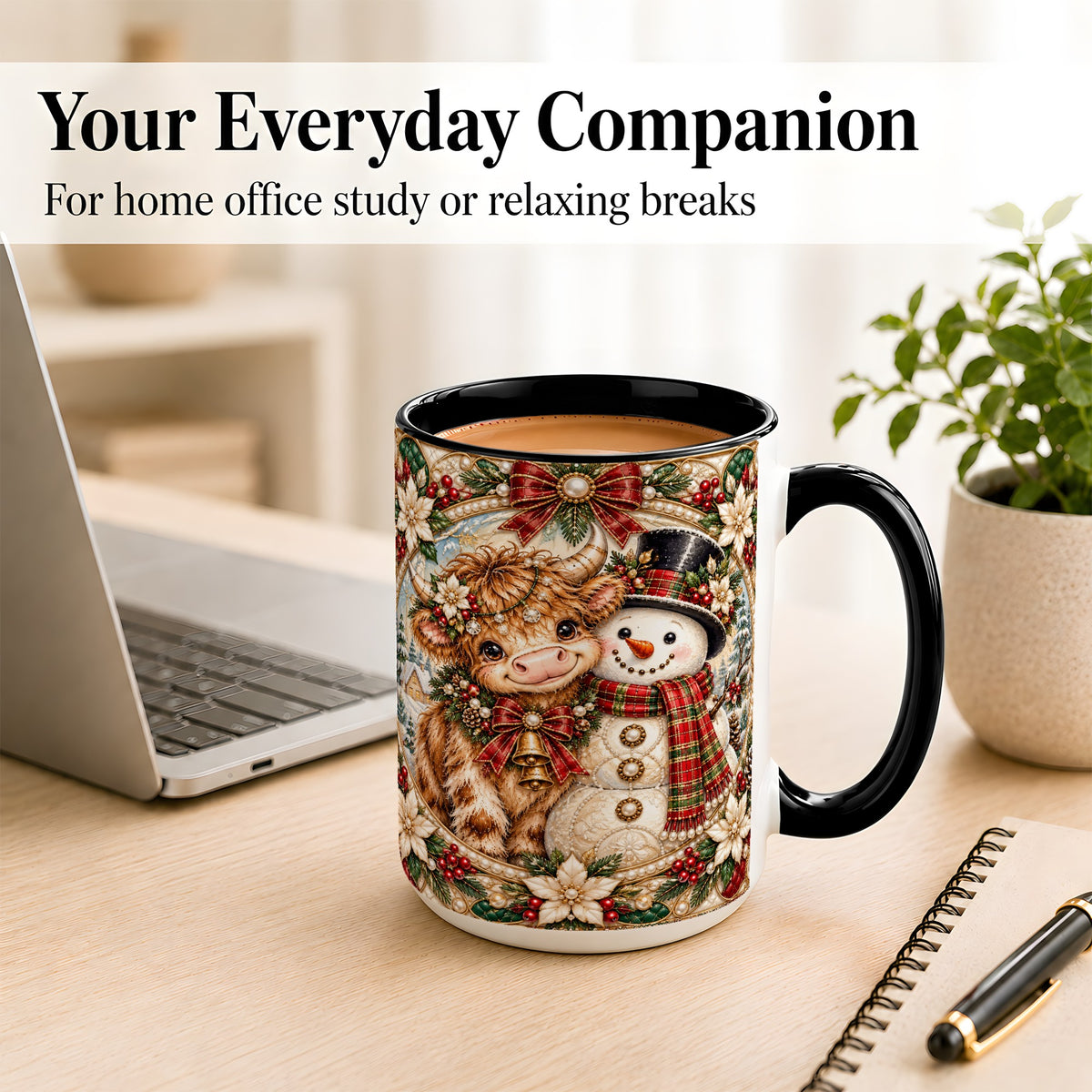 #pl[15oz|Black] Poinsettia Highland Cow Coffee Mug, Snowman Mug, Ceramic Cup