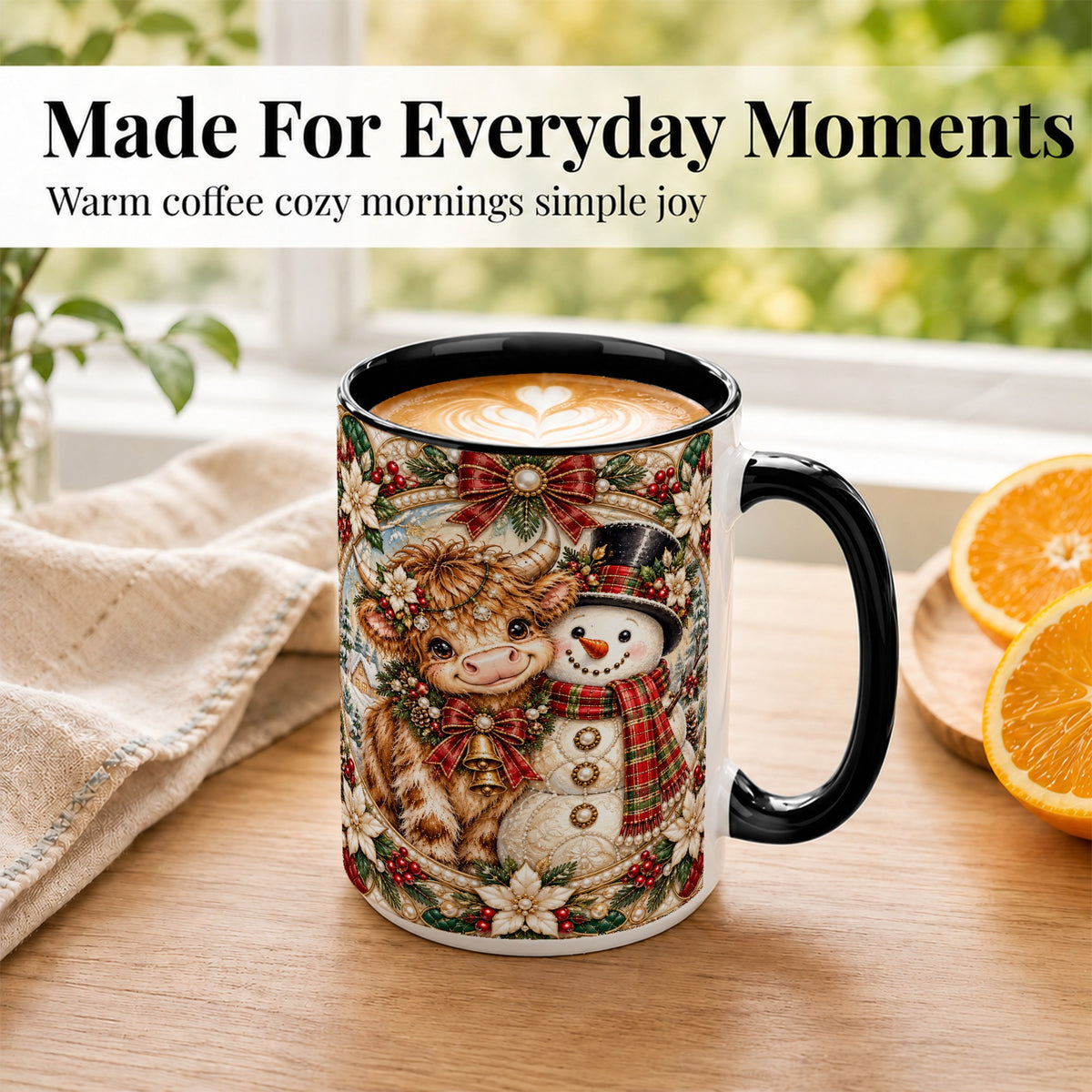 #pl[15oz|Black] Poinsettia Highland Cow Coffee Mug, Snowman Mug, Ceramic Cup