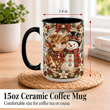 #pl[15oz|Black] Poinsettia Highland Cow Coffee Mug, Snowman Mug, Ceramic Cup