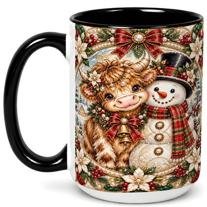 #pl[15oz|Black] Poinsettia Highland Cow Coffee Mug, Snowman Mug, Ceramic Cup