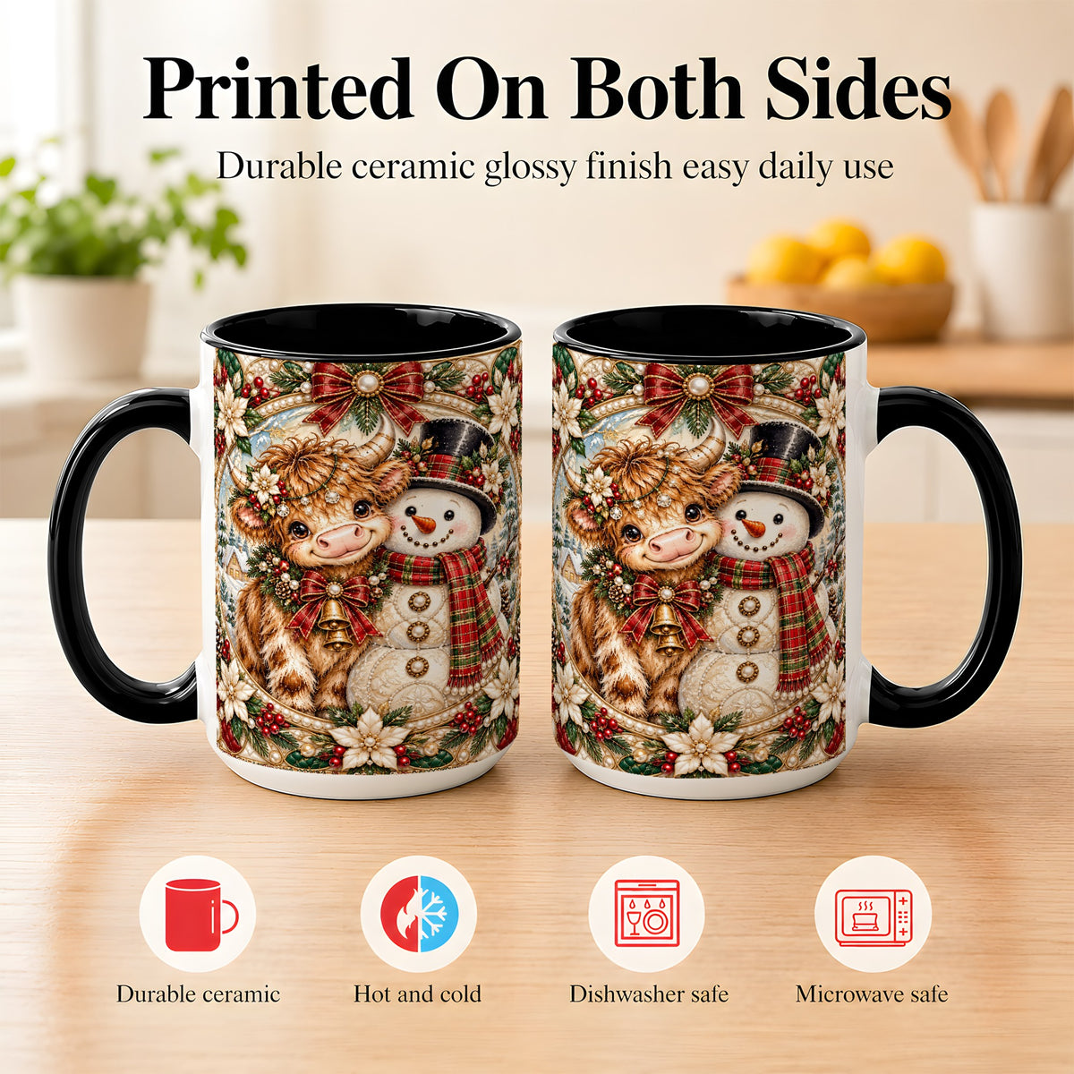 #pl[15oz|Black] Poinsettia Highland Cow Coffee Mug, Snowman Mug, Ceramic Cup