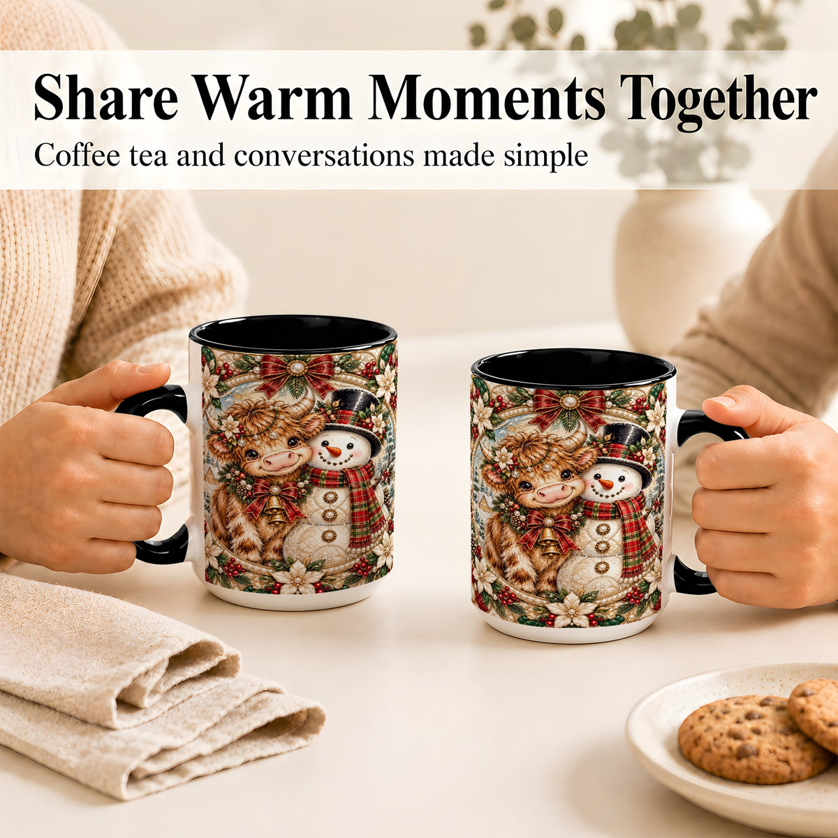 #pl[15oz|Black] Poinsettia Highland Cow Coffee Mug, Snowman Mug, Ceramic Cup