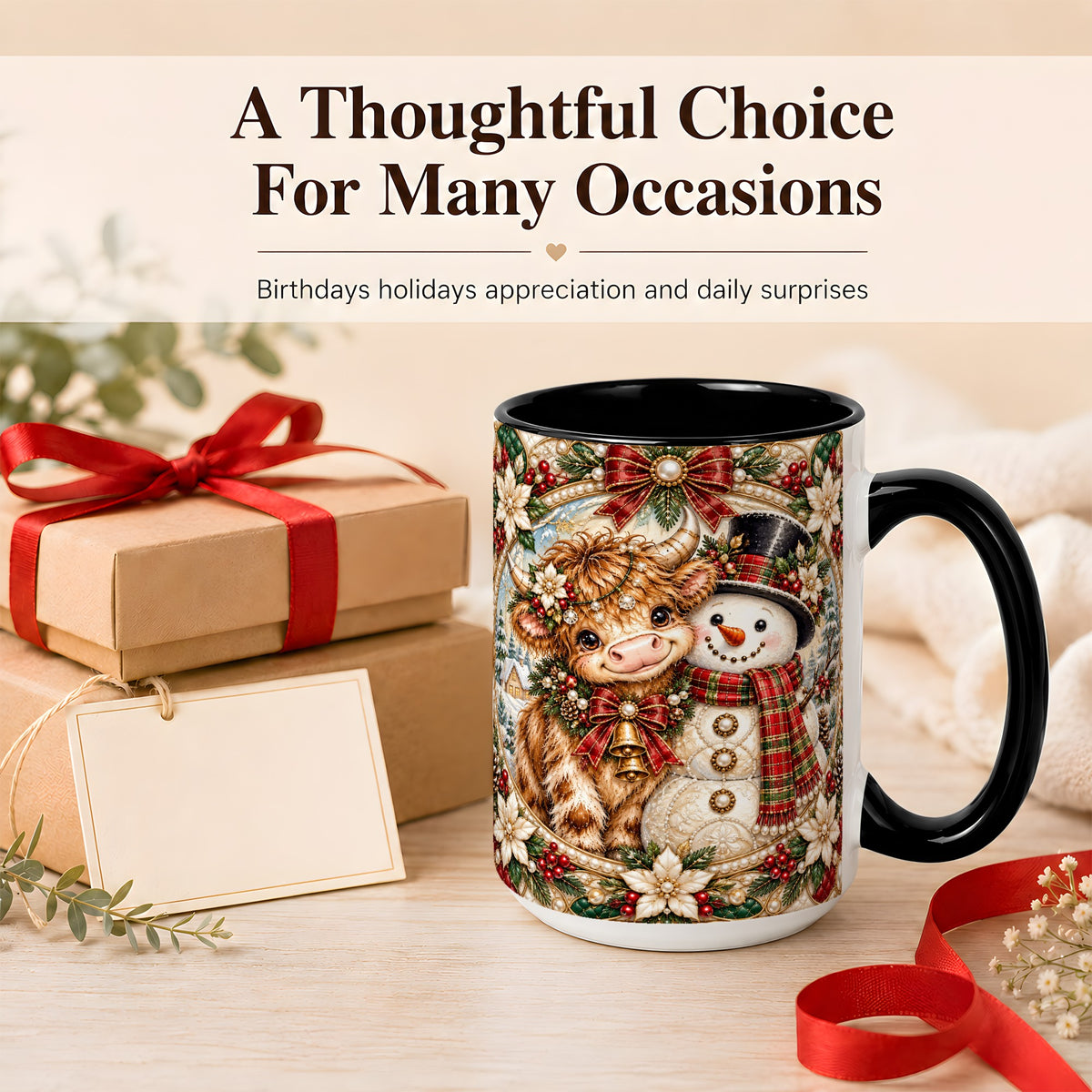 #pl[15oz|Black] Poinsettia Highland Cow Coffee Mug, Snowman Mug, Ceramic Cup