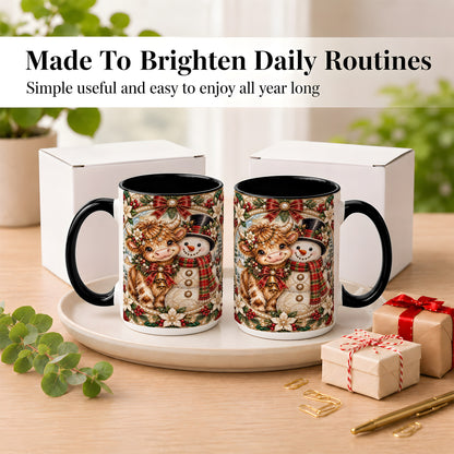 #pl[15oz|Black] Poinsettia Highland Cow Coffee Mug, Snowman Mug, Ceramic Cup
