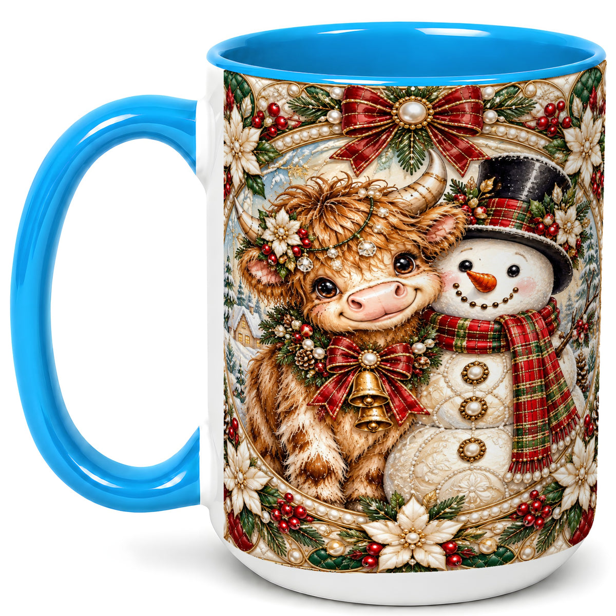 #pl[15oz|Blue] Poinsettia Highland Cow Coffee Mug, Snowman Mug, Ceramic Cup
