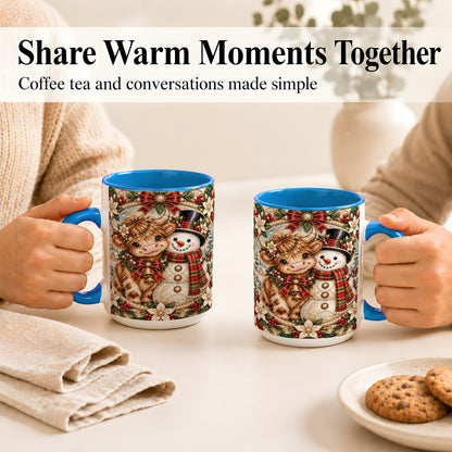 #pl[15oz|Blue] Poinsettia Highland Cow Coffee Mug, Snowman Mug, Ceramic Cup