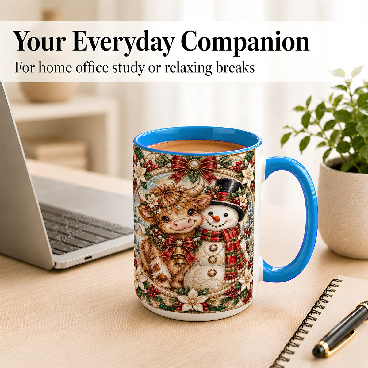 #pl[15oz|Blue] Poinsettia Highland Cow Coffee Mug, Snowman Mug, Ceramic Cup