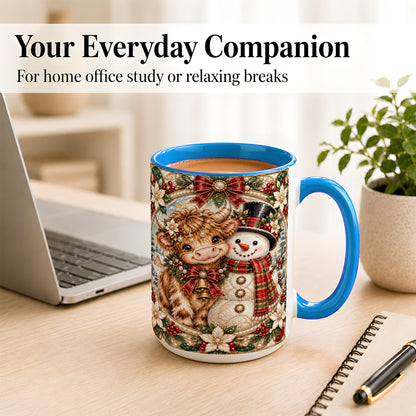 #pl[15oz|Blue] Poinsettia Highland Cow Coffee Mug, Snowman Mug, Ceramic Cup