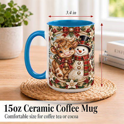 #pl[15oz|Blue] Poinsettia Highland Cow Coffee Mug, Snowman Mug, Ceramic Cup