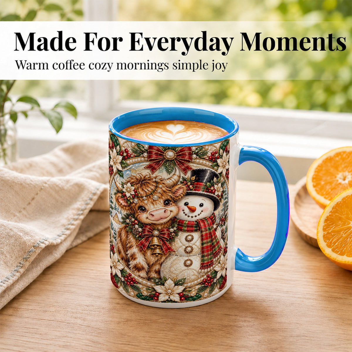 #pl[15oz|Blue] Poinsettia Highland Cow Coffee Mug, Snowman Mug, Ceramic Cup