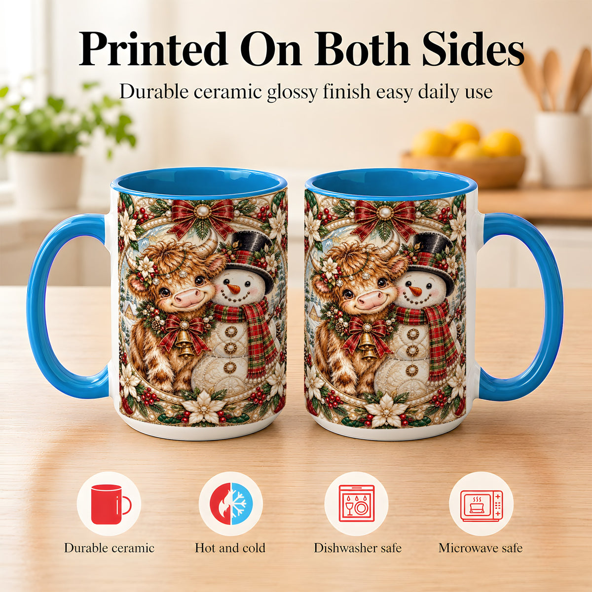 #pl[15oz|Blue] Poinsettia Highland Cow Coffee Mug, Snowman Mug, Ceramic Cup