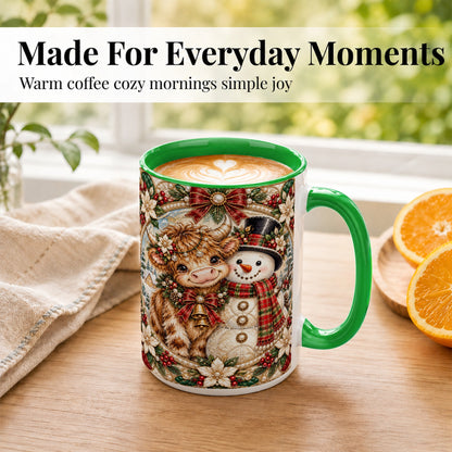 #pl[15oz|Green] Poinsettia Highland Cow Coffee Mug, Snowman Mug, Ceramic Cup