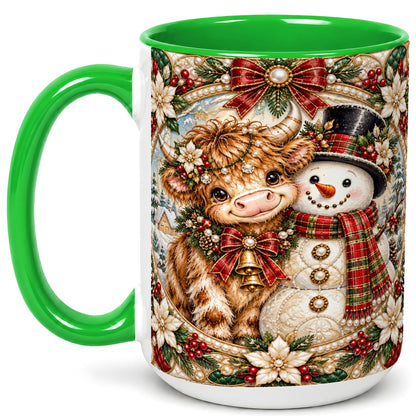 #pl[15oz|Green] Poinsettia Highland Cow Coffee Mug, Snowman Mug, Ceramic Cup