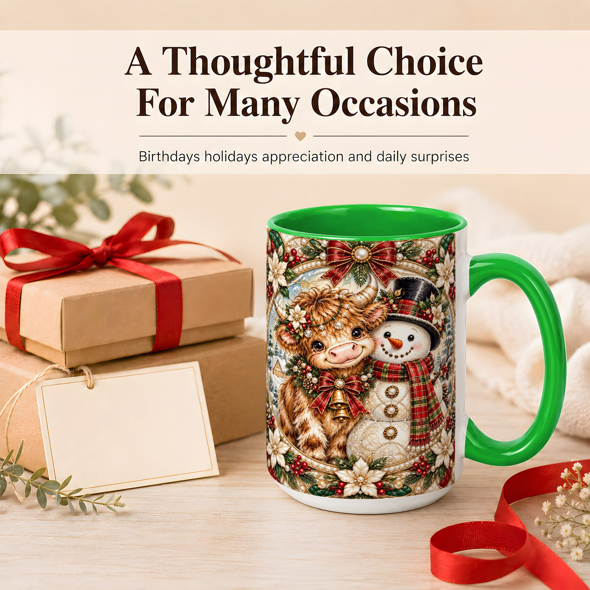 #pl[15oz|Green] Poinsettia Highland Cow Coffee Mug, Snowman Mug, Ceramic Cup