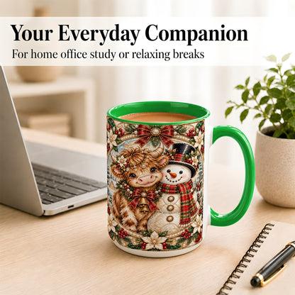 #pl[15oz|Green] Poinsettia Highland Cow Coffee Mug, Snowman Mug, Ceramic Cup