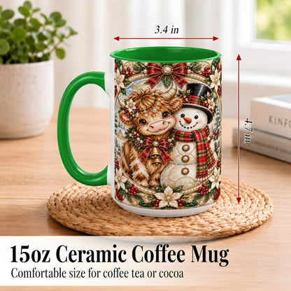 #pl[15oz|Green] Poinsettia Highland Cow Coffee Mug, Snowman Mug, Ceramic Cup