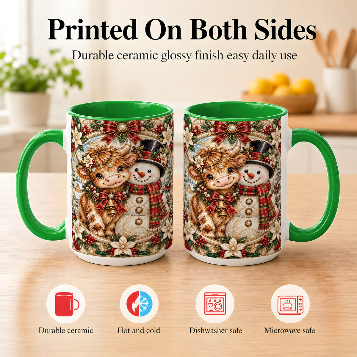 #pl[15oz|Green] Poinsettia Highland Cow Coffee Mug, Snowman Mug, Ceramic Cup