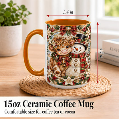 #pl[15oz|Orange] Poinsettia Highland Cow Coffee Mug, Snowman Mug, Ceramic Cup