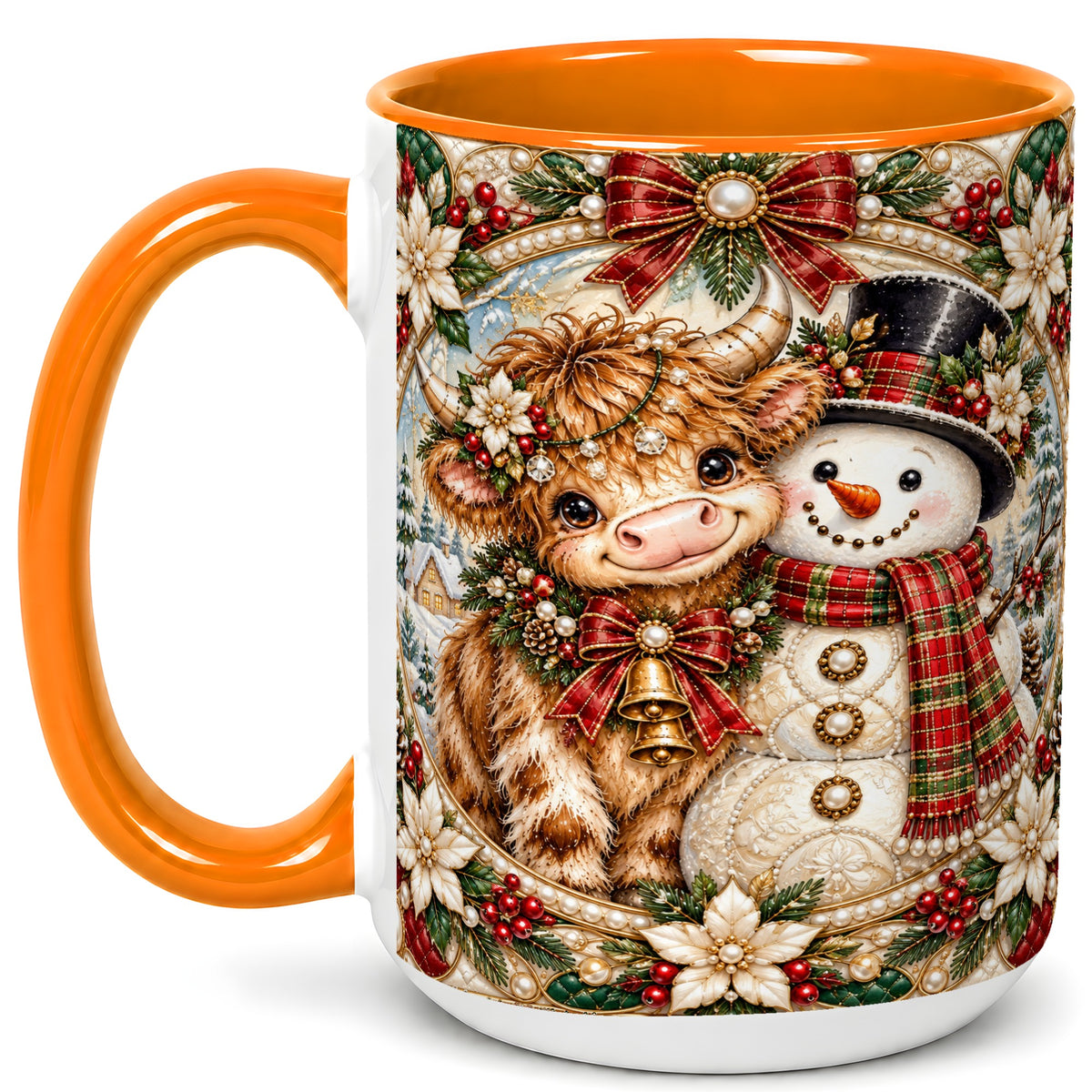 #pl[15oz|Orange] Poinsettia Highland Cow Coffee Mug, Snowman Mug, Ceramic Cup
