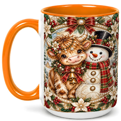 #pl[15oz|Orange] Poinsettia Highland Cow Coffee Mug, Snowman Mug, Ceramic Cup