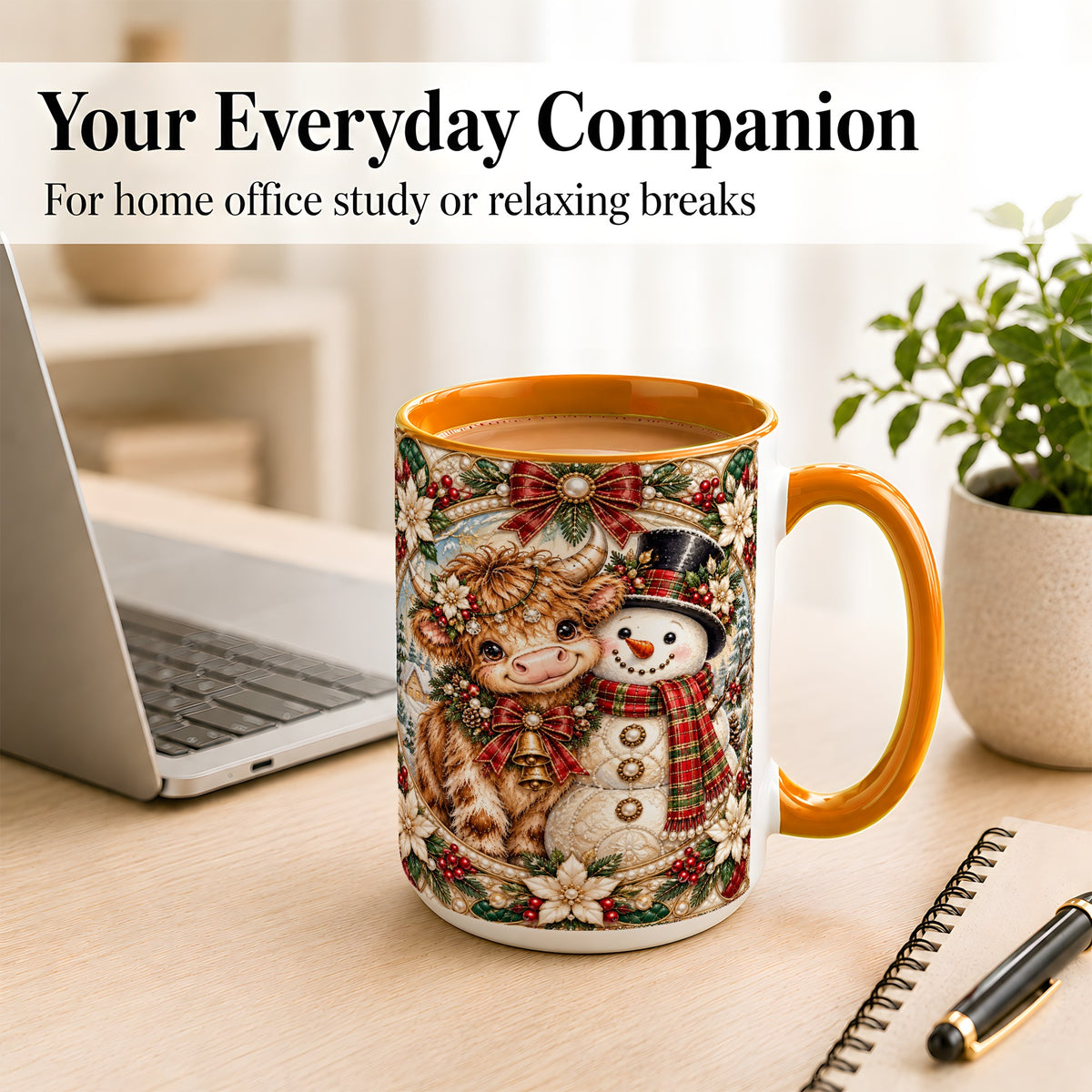 #pl[15oz|Orange] Poinsettia Highland Cow Coffee Mug, Snowman Mug, Ceramic Cup