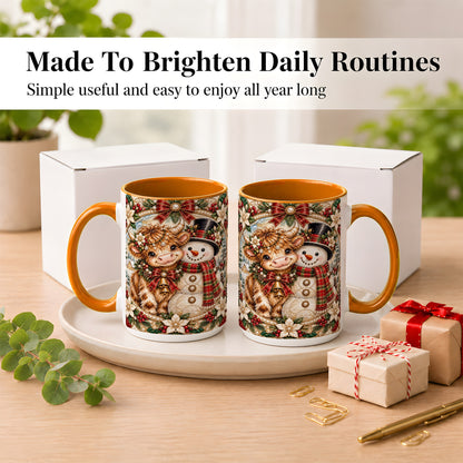 #pl[15oz|Orange] Poinsettia Highland Cow Coffee Mug, Snowman Mug, Ceramic Cup