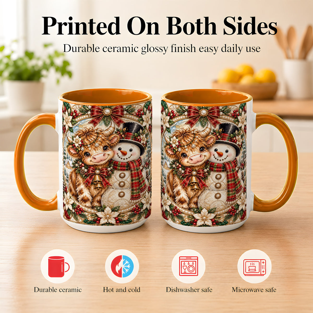 #pl[15oz|Orange] Poinsettia Highland Cow Coffee Mug, Snowman Mug, Ceramic Cup