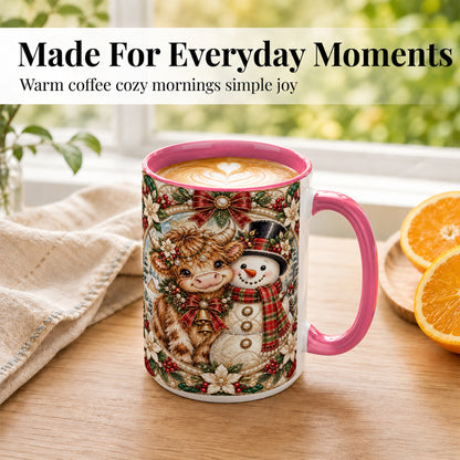 #pl[15oz|Pink] Poinsettia Highland Cow Coffee Mug, Snowman Mug, Ceramic Cup