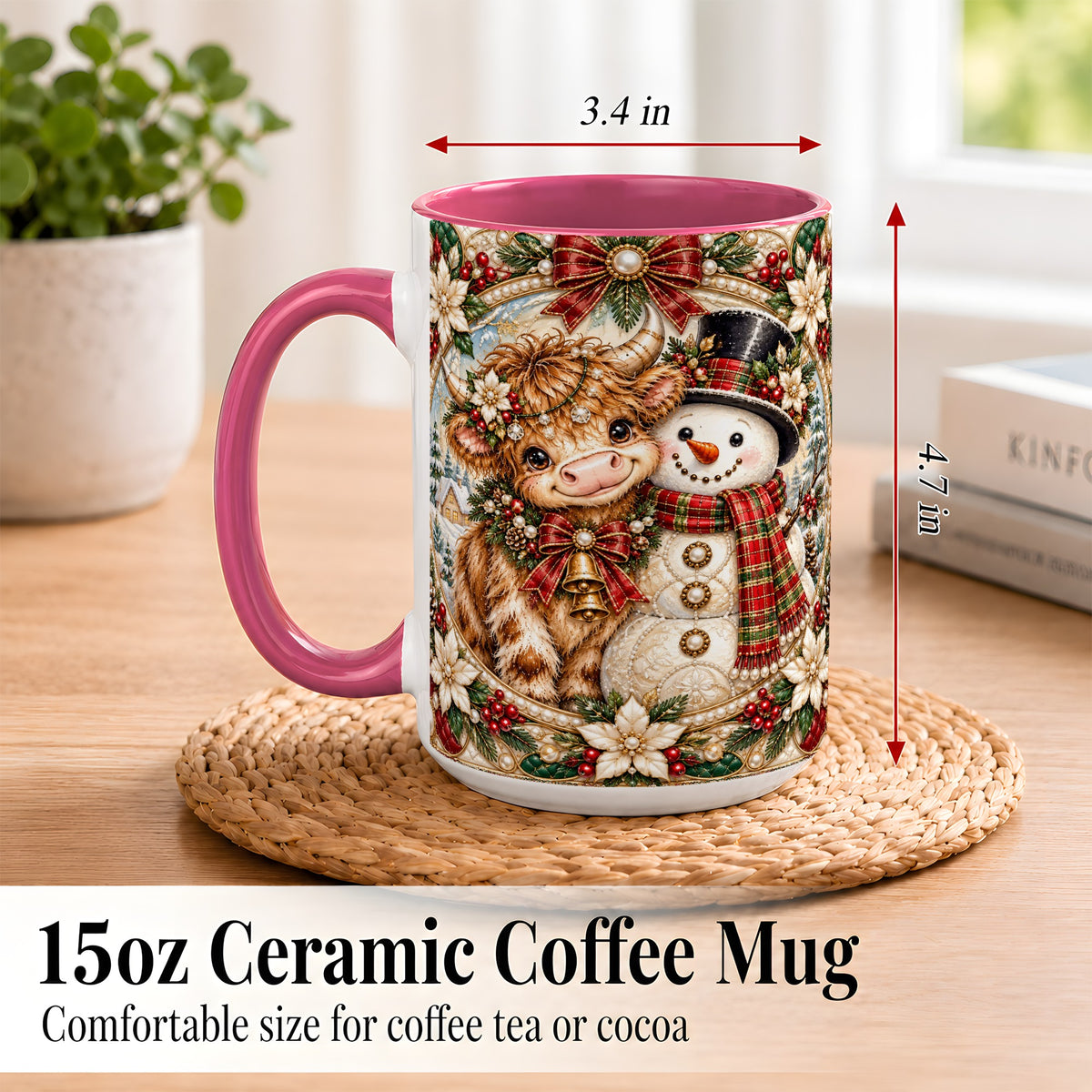 #pl[15oz|Pink] Poinsettia Highland Cow Coffee Mug, Snowman Mug, Ceramic Cup