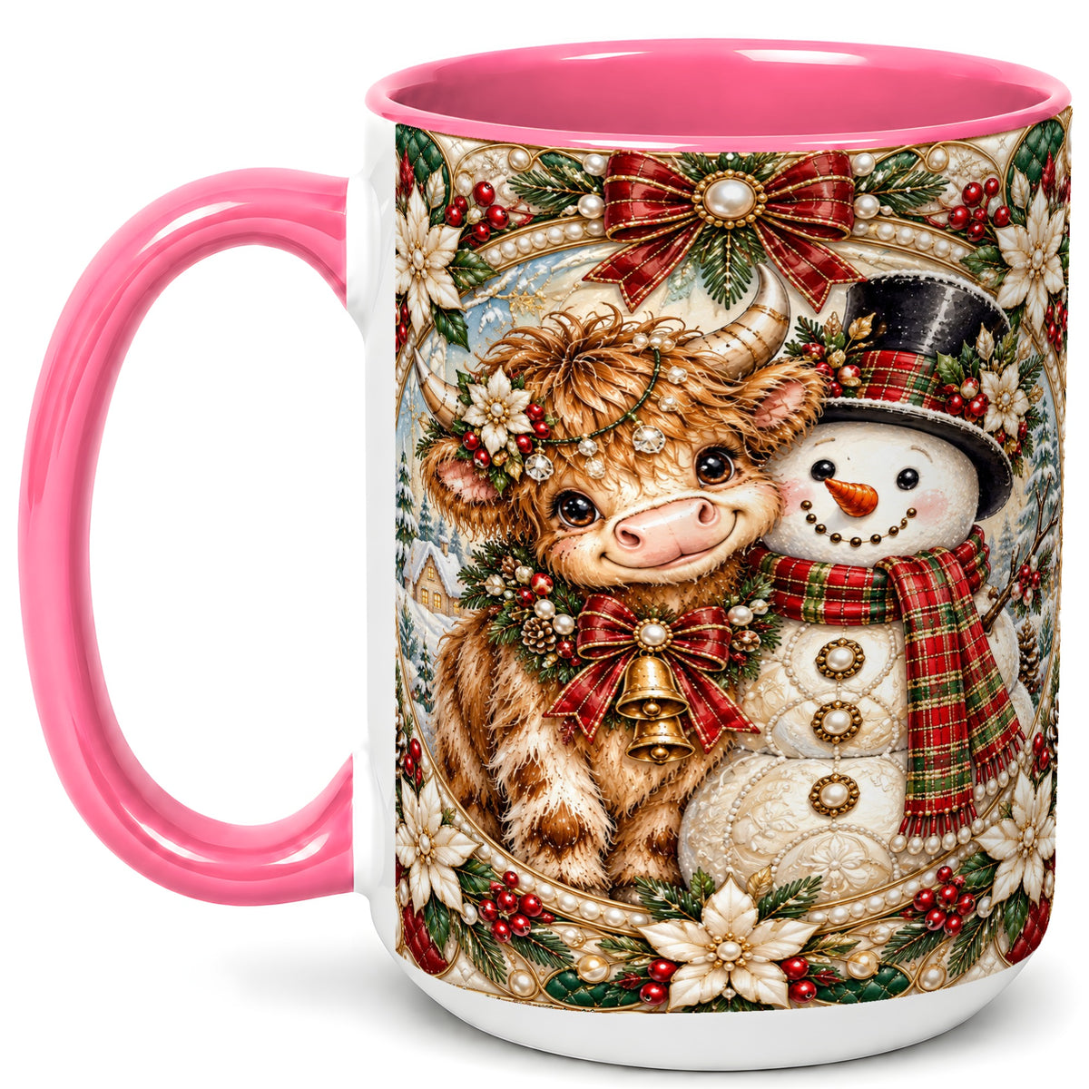 #pl[15oz|Pink] Poinsettia Highland Cow Coffee Mug, Snowman Mug, Ceramic Cup