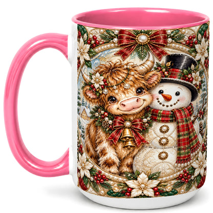 #pl[15oz|Pink] Poinsettia Highland Cow Coffee Mug, Snowman Mug, Ceramic Cup
