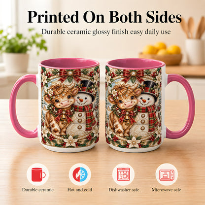 #pl[15oz|Pink] Poinsettia Highland Cow Coffee Mug, Snowman Mug, Ceramic Cup