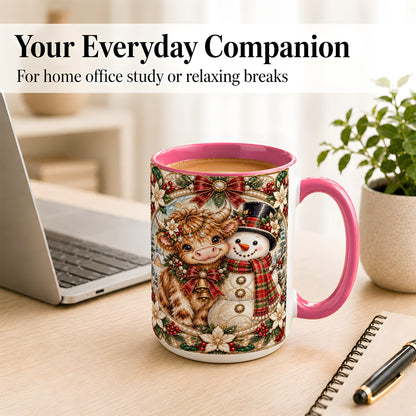 #pl[15oz|Pink] Poinsettia Highland Cow Coffee Mug, Snowman Mug, Ceramic Cup
