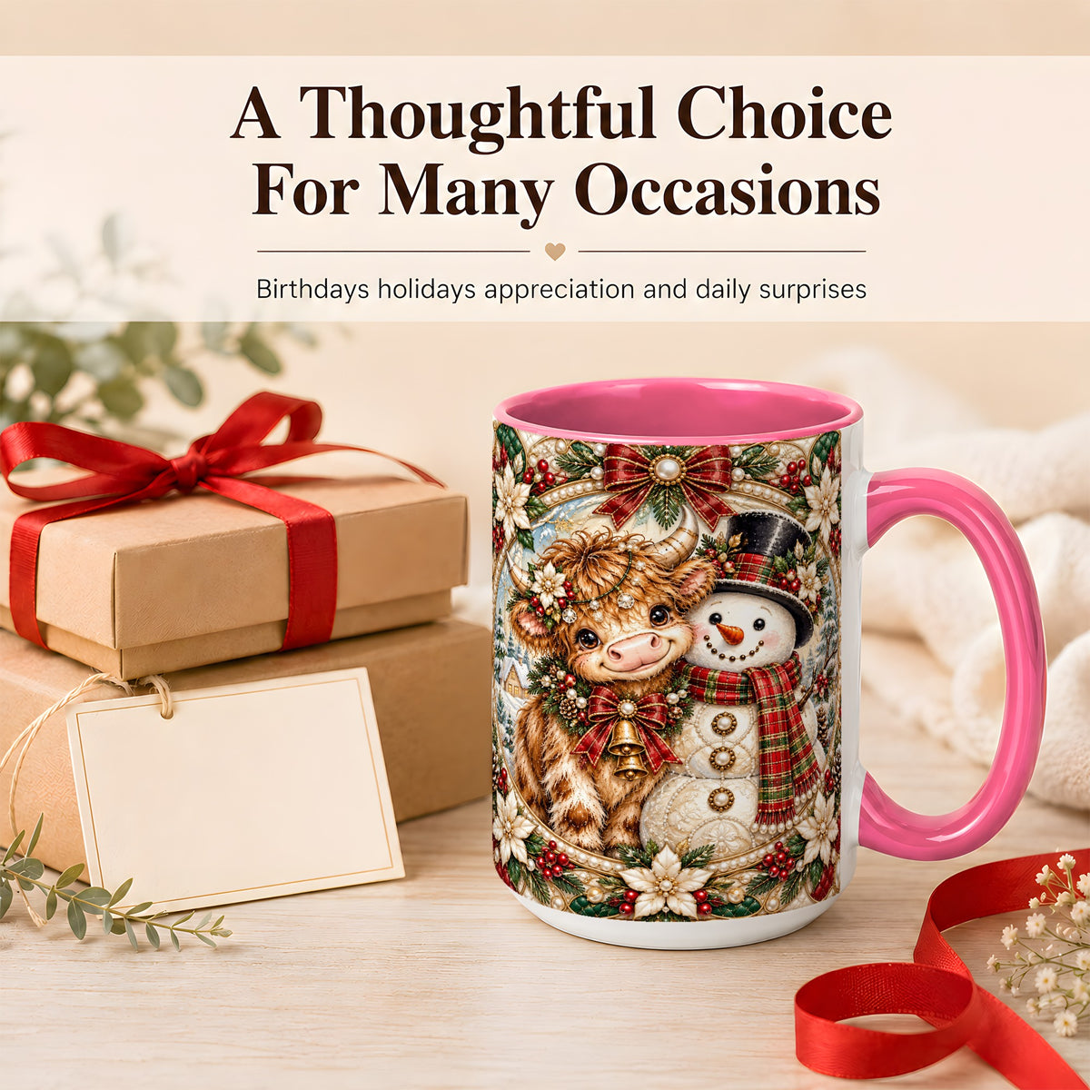 #pl[15oz|Pink] Poinsettia Highland Cow Coffee Mug, Snowman Mug, Ceramic Cup