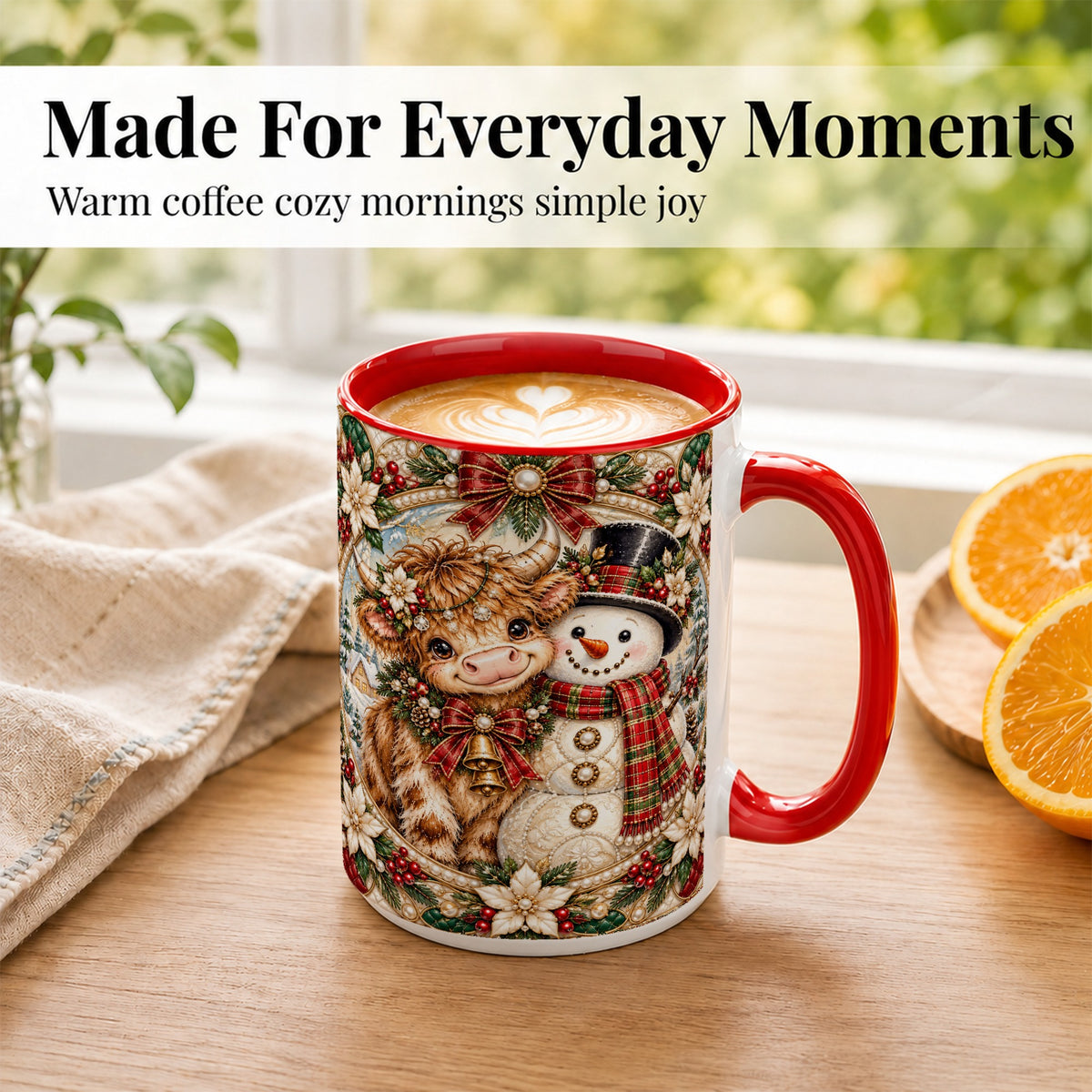 #pl[15oz|Red] Poinsettia Highland Cow Coffee Mug, Snowman Mug, Ceramic Cup