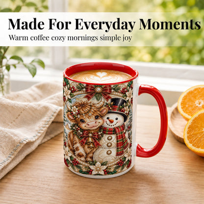 #pl[15oz|Red] Poinsettia Highland Cow Coffee Mug, Snowman Mug, Ceramic Cup