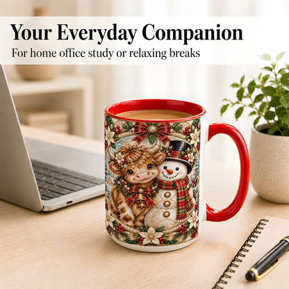 #pl[15oz|Red] Poinsettia Highland Cow Coffee Mug, Snowman Mug, Ceramic Cup