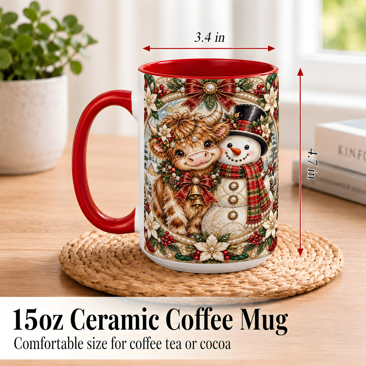 #pl[15oz|Red] Poinsettia Highland Cow Coffee Mug, Snowman Mug, Ceramic Cup