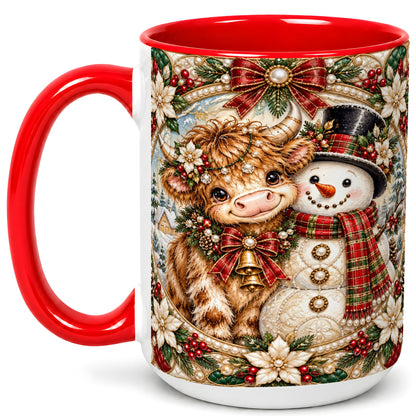 #pl[15oz|Red] Poinsettia Highland Cow Coffee Mug, Snowman Mug, Ceramic Cup