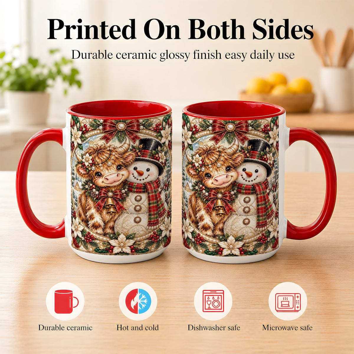 #pl[15oz|Red] Poinsettia Highland Cow Coffee Mug, Snowman Mug, Ceramic Cup