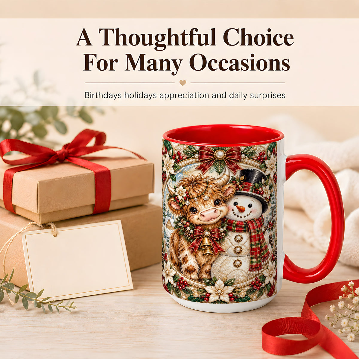 #pl[15oz|Red] Poinsettia Highland Cow Coffee Mug, Snowman Mug, Ceramic Cup