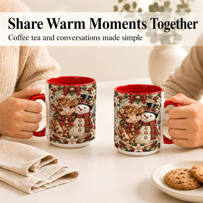 #pl[15oz|Red] Poinsettia Highland Cow Coffee Mug, Snowman Mug, Ceramic Cup