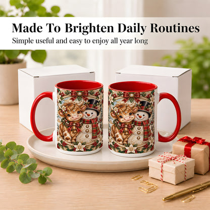 #pl[15oz|Red] Poinsettia Highland Cow Coffee Mug, Snowman Mug, Ceramic Cup
