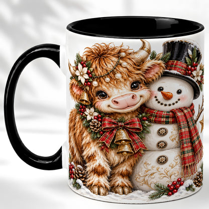 #pl[11oz|Black] Christmas Highland Cow Coffee Mug, Bell Snowman Mug, Ceramic Cup